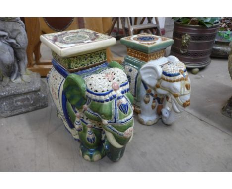 Two ceramic elephant garden seats 