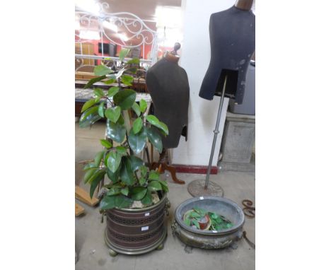 A Victorian pierced brass and copper planter and another brass planter 