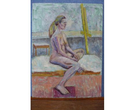 Michael Haswell, portrait of a seated female nude, oil on board, unframed 