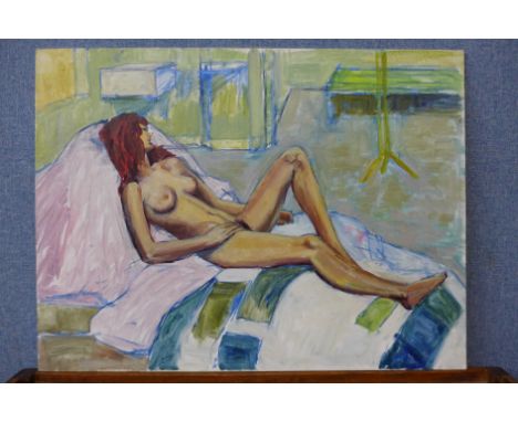 Michael Haswell, portrait of a reclining female nude, oil on board, unframed 