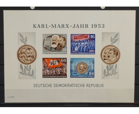 2 Blockausgaben B.8 und Bl. 9, Karl Marx Jahr, 24.10.1953 postfrisch geschnitten (386 - 391) und postfrisch geschnitten (392 