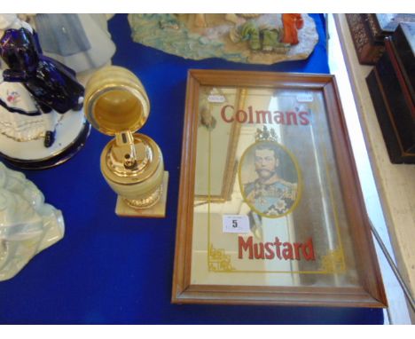 A small Coleman's mustard advertising mirror plus onyx table lighter