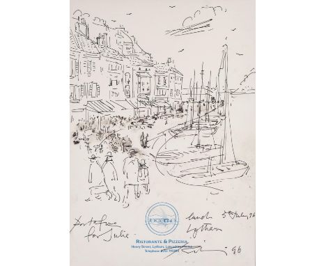 •HAROLD RILEY (B.1934) PEN SKETCH BY THE ARTIST WHILST LUNCHING WITH SEVE BALLESTEROS View of Portofino harbour, Italy on ‘Po