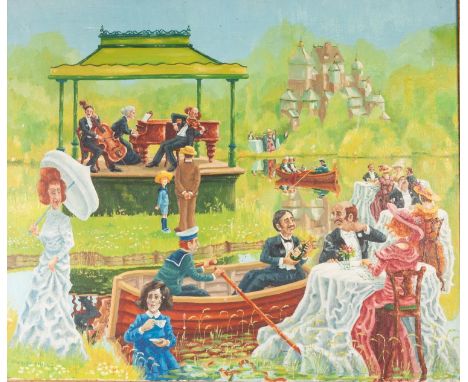 •CHARLES SHIELS (1947-2012) OIL PAINTING Park scene with figures, rowing boats and a three piece band playing in the bandstan