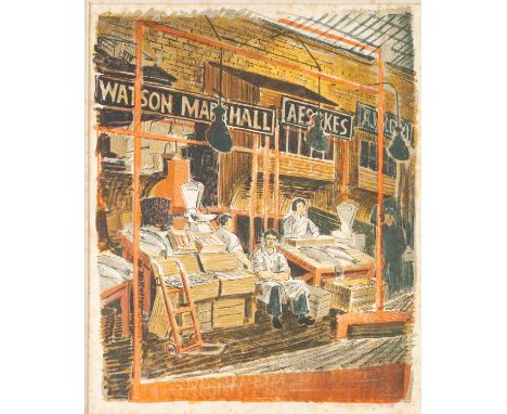 NORMAN C JACQUES (1926-2014) ORIGINAL LITHOGRAPH IN COLOURS'Fish Market'Signed and dated (19)'52 in pencil11" x 9" (28 x 23cm