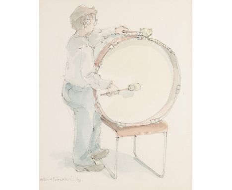 ALBIN TROWSKI (1919-2012)PEN AND WASH DRAWING Man playing a matching band drum resting on a chairSigned and dated (19) 769 3/