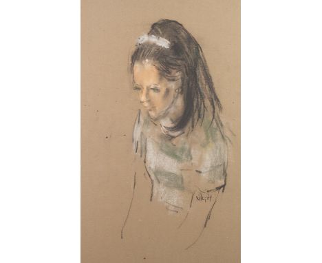 •HAROLD RILEY (B.1934) PASTEL ON COLOURED PAPER Half-length portrait of young girl wearing headband and striped sweater Signe