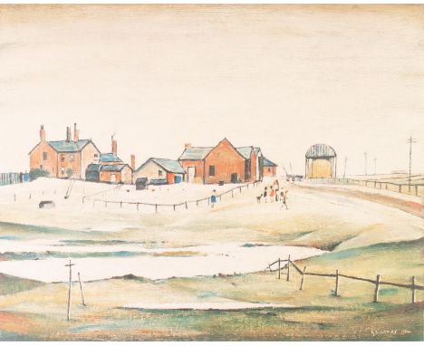  •L.S. LOWRY (1887-1976) ARTIST SIGNED COLOUR PRINT ‘Landscape with Farm Buildings’ Signed in pencil and with blind stamp 15 