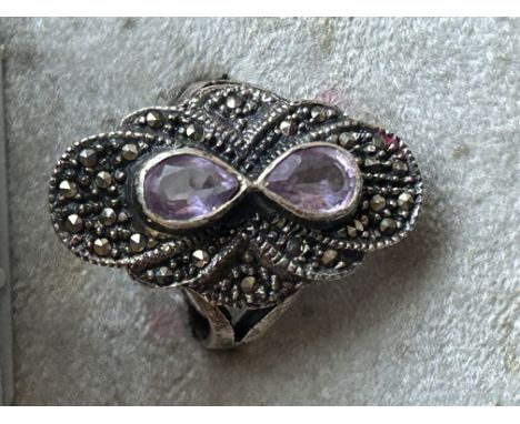Ladies silver & amethyst dress ring 