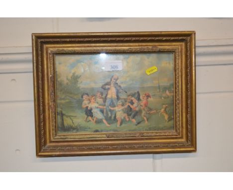 A gilt framed coloured print of a musician