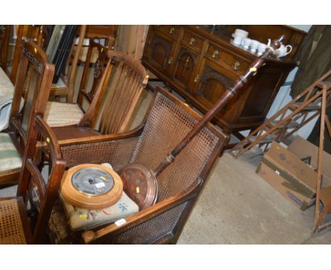 A Victorian copper warming pan; a wooden framed barometer; and a small needlework upholstered stool 