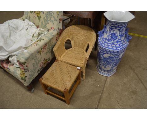 An oak framed and string topped stool; and a child's wicker chair 