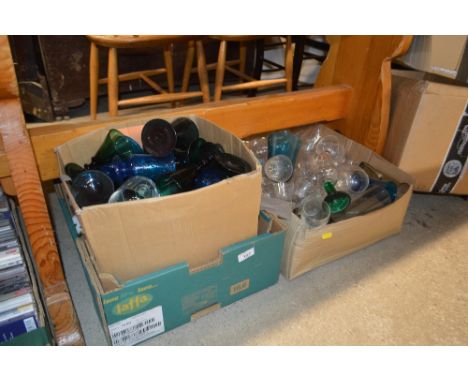 Three boxes of various glassware; a table lamp base etc.
