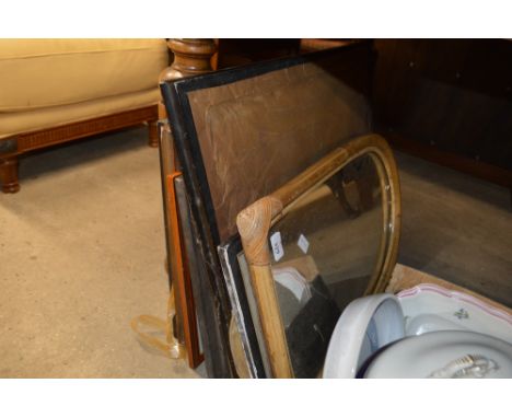 A cane framed mirror; and a quantity of various decorative prints and pictures to include a photo of Ramsholt, a print of Wil