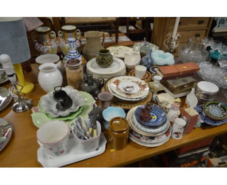 A large quantity of various china to include Noritaki vases; a teak table lamp etc