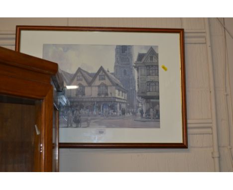 After Leonard Russell Squirrell, coloured print depicting Ridley Tavern Street, and Dial Lane Ipswich 1945