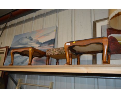 Two oak stools with needlework drop in seats and a floral upholstered stool