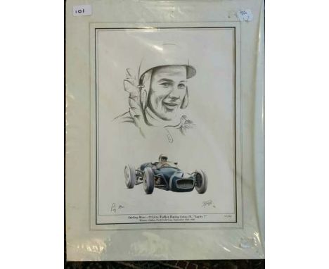A hand signed limited edition Simon Taylor Racing print depicting, Stirling Moss.