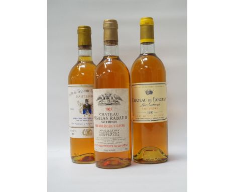 SELECTION OF THREE BOTTLES OF VINTAGE SAUTERNESA trio of bottles of Vintage Sauternes, comprising: one CHATEAU DE FARGUES "LU