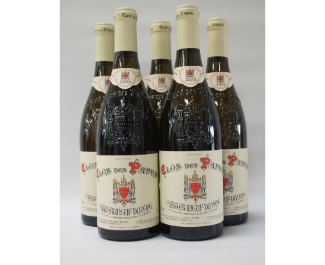 CLOS DES PAPES CHATEAUNEUF-DU-PAPE 2002Five bottles of the lesser known Clos des Papes Chateauneuf-du-Pape Blanc 2002 Vintage