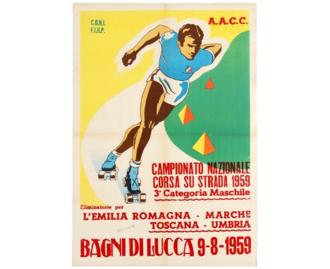 Original vintage sport advertising poster promoting the National Championship Road Skating Race and preliminary rounds for th