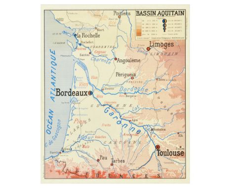 Original vintage travel poster with Midi - Mediterranean - Bassin Aquitain map, marking Bordeaux, Toulouse, Limoges, La Roche