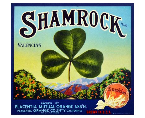 Original vintage fruit crate label poster for Shamrock brand fruit - Packed by Placentia Mutual Orange Association, Placentia