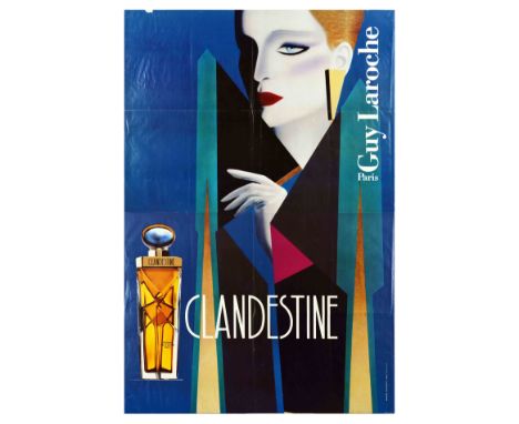 Original vintage advertising poster for Clandestine perfume by Guy Laroche, featuring a stunning illustration of a lady in bl