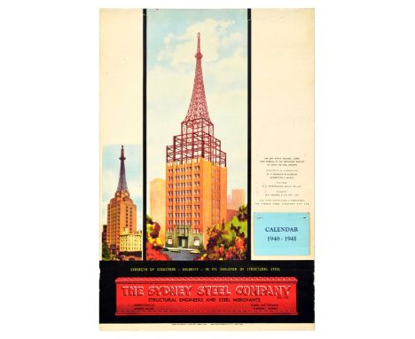 Original vintage Sydney Steel Company calendar 1940-1941, featuring an illustration of the new A.W.A. building, Sydney, with 