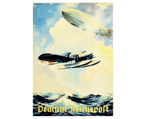 Original vintage telegram issued by the German Post Office in Nazi Germany. The cover features a dynamic image of a Zeppelin 