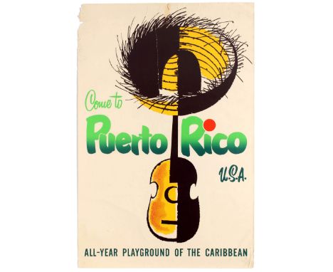 Original vintage travel poster for Puerto Rico featuring an illustration of a sombrero resting on top of a guitar with the me