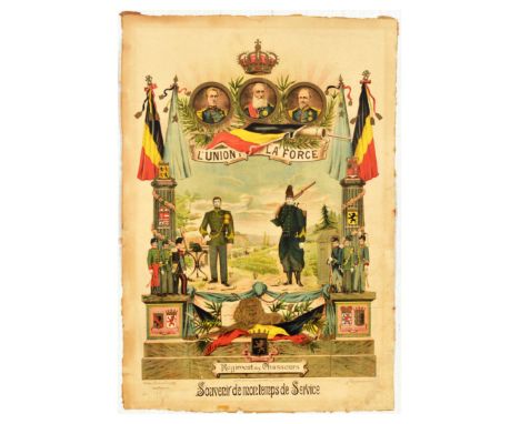 Original antique army service poster featuring the Belgian Coat of Arms with a crown above king Leopold II of Belgium and slo