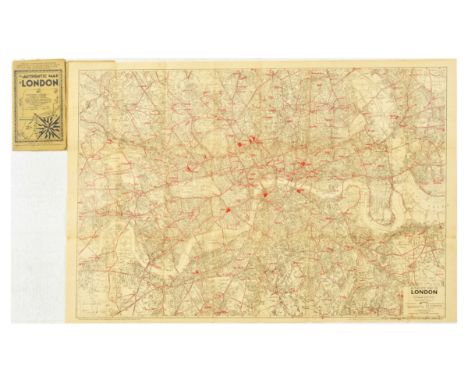 Original vintage travel map - The Authentic Map of London with index of streets places of interest, bus, trolleybus &amp; tra