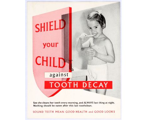 Original vintage medical health propaganda poster showing a your girl brushing her teeth.  Shield your Child against Tooth De