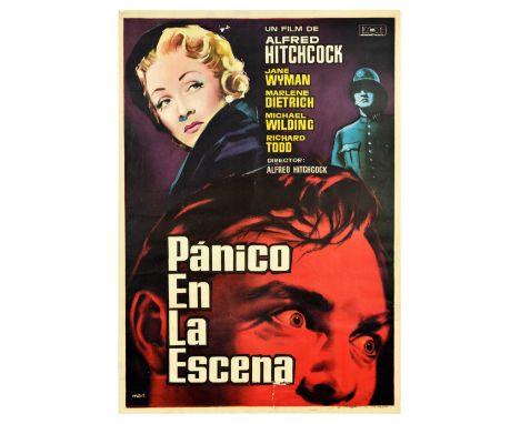 Original vintage mystery thriller movie poster for Spanish release of Panico en La Escena / Stage Fright, a 1950 British film