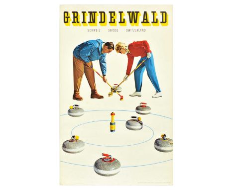 Original vintage sport poster for Grindelwald Switzerland featuring a photograph by Niederhauser depicting two people playing