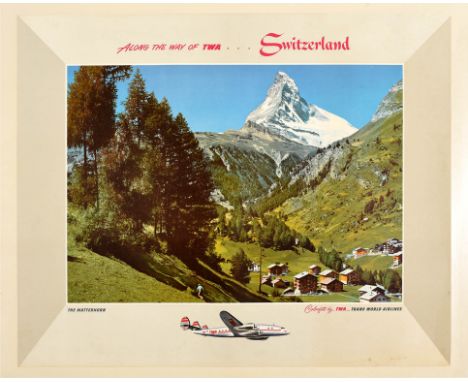 Original vintage airline travel poster - Along the way of TWA... Switzerland The Matterhorn - featuring a colour photograph o