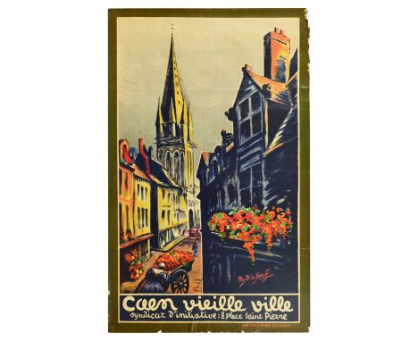 Original vintage travel poster for Caen old town / Caen vieille ville, featuring a colourful illustration of quaint street wi