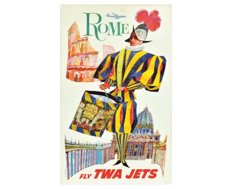 Original vintage travel advertising poster for Rome Fly TWA Jets featuring a colourful illustration of a guard dressed in a b