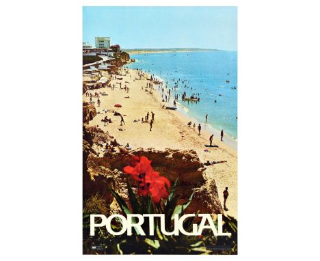 Set of 2 original vintage travel posters for Portugal.  1. Seaside featuring a photograph of a sunny beach with holidaymakers