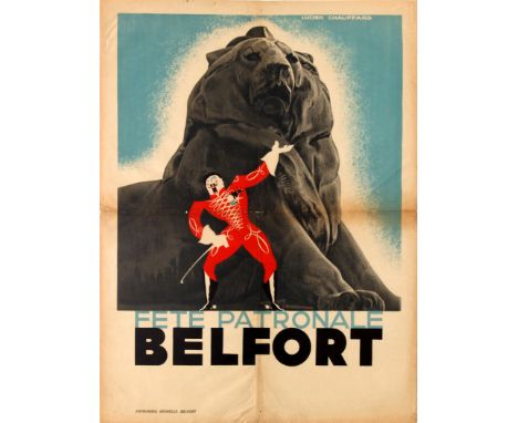 Original vintage travel advertising poster for the Belfort Local Festival / Fete Patronale Belfort featuring a great Art Deco