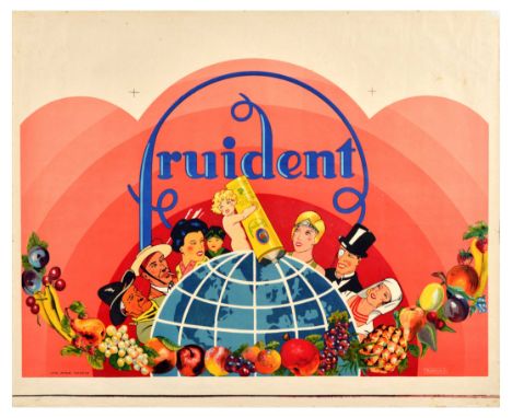 Original vintage advertising poster for Fruident toothpaste with natural fruit sugars, featuring a colourful fun illustration