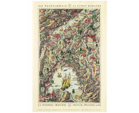 Original vintage travel poster showing illustrated map of  French Switzerland – La Suisse Romande – Swiss Tourism Board Count