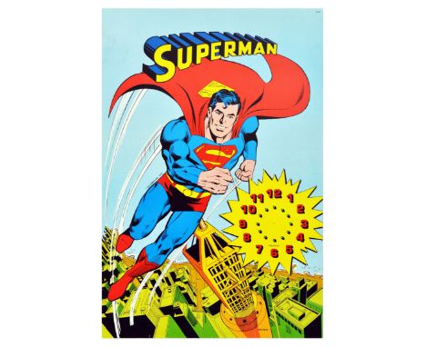 Original vintage Superman poster featuring the iconic American superhero flying through the sky with the Metropolis skyline b