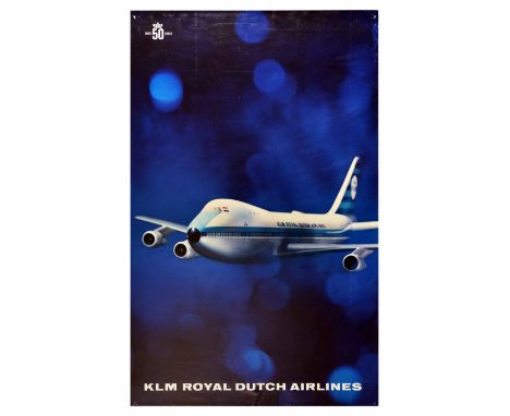 Original vintage air travel poster celebrating 50 year anniversary of the KLM Royal Dutch Airlines. The poster features an il