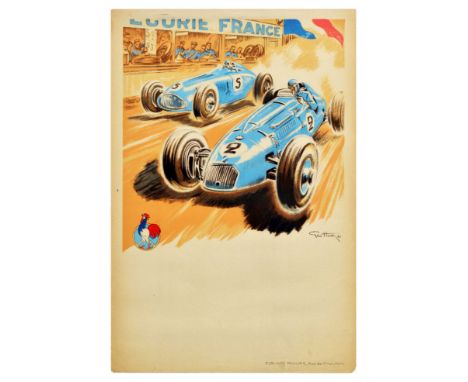 Original vintage motor sport poster - Ecurie France Talbot et Delahaye en Course - featuring a dynamic illustration by Geo Ha