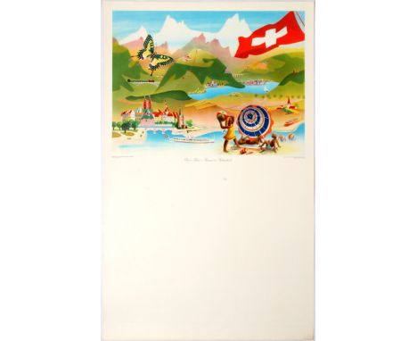 Original vintage advertising poster Summer in Switzerland. Good condition, small tears and creases on margins. Printed by the