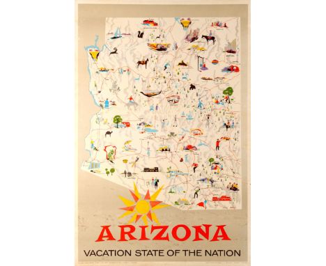 Original vintage travel poster for Arizona Vacation State of the Nation featuring an illustrated map of Arizona marking route