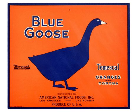 Original vintage fruit crate label poster for Blue Goose Temescal  Oranges grown at Corona distributed by American National F