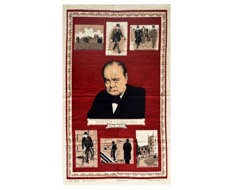 Original vintage commemorative tea towel with a poster featuring a portrait of Winston Churchill (1874-1965), surrounded by s